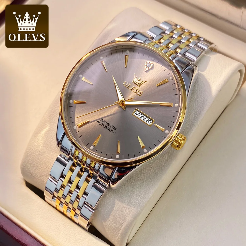 OLEVS 6635 Mechanical Business Watch Gift Stainless Steel Watchband Round-dial Week Display Calendar Luminous