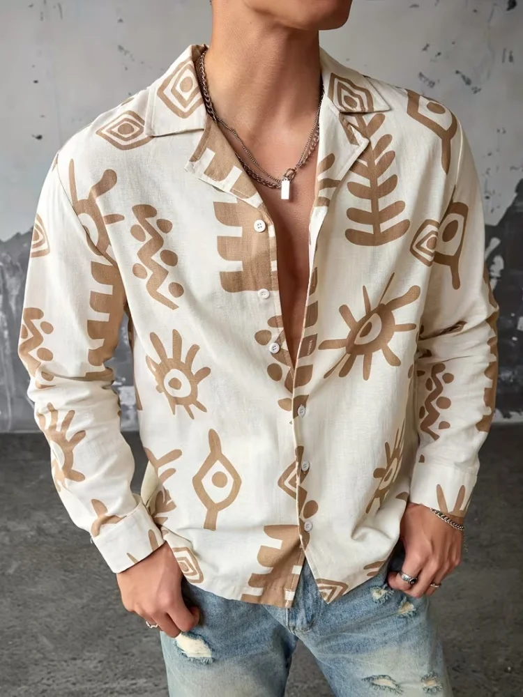 Men's Cuban collar long sleeved floral shirt with beige brown tribal geometric print Bohemian vacation style loose fitting shirt