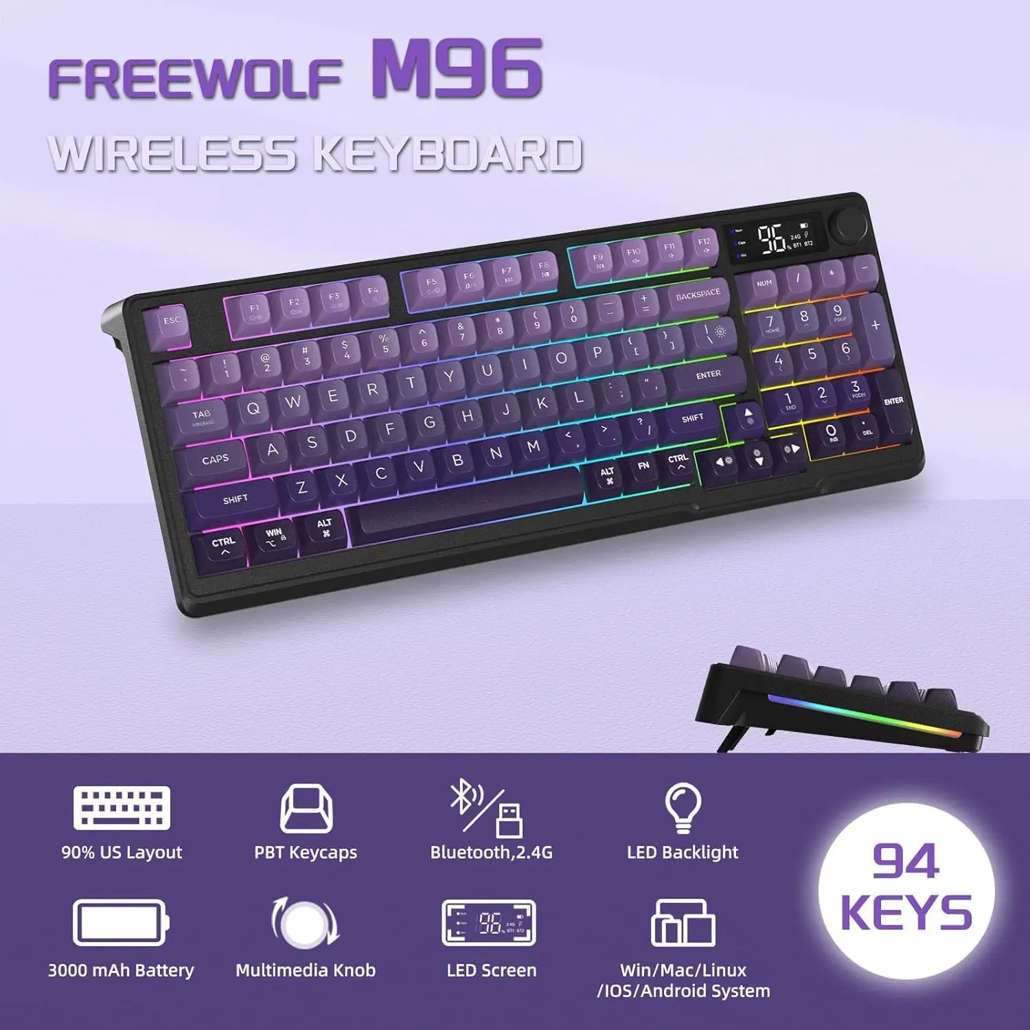 

FREEWOLF M96 94 Keys Low Profile Quiet Typing Membrane Gaming Keyboard with Smart Display & Knob, RGB Backlit, BT/2.4G Wireless