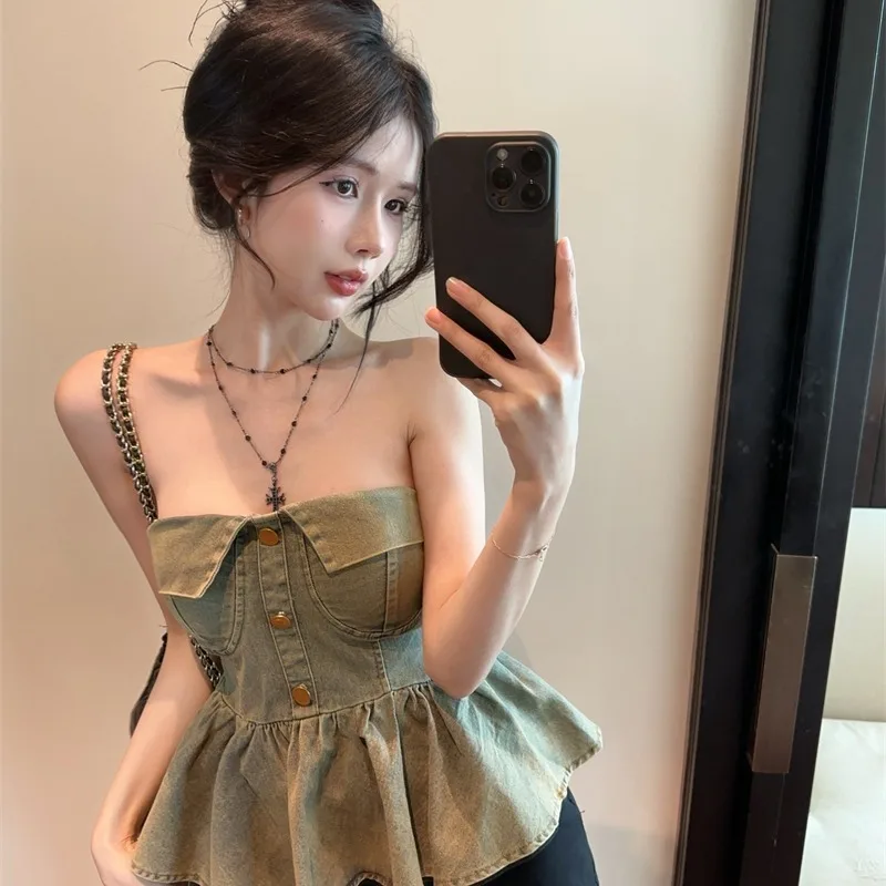 Vrouwen Sexy Club Vakantie Denim Slanke Korte Halter Tops Zomer Zwart Backless Ruche Rand Party Jean Vest Streetwear Nieuw