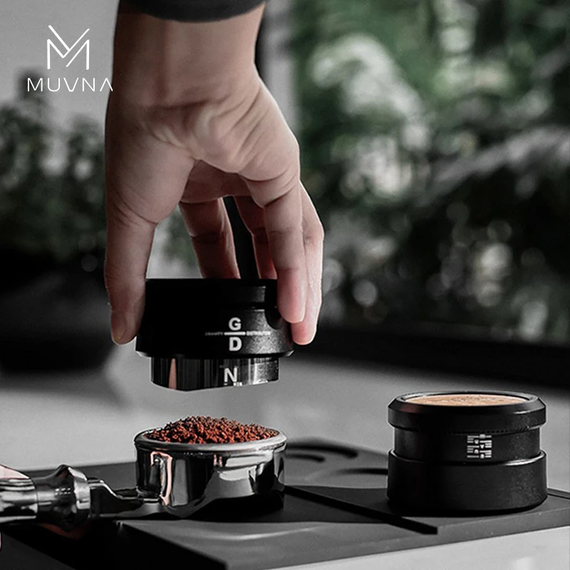 MUVNA Professional Gravity Espresso Coffee Tamper Distributor, Walnut Wood & Metal, Auto Leveling Tamper Barista Accessory