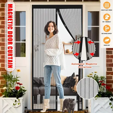 Auto Mesh Magnetic Screen Door - Polyester Insect Proof, Hands-Free Entry, Self Sealing, Pet Friendly Durable for Home & Outdoor