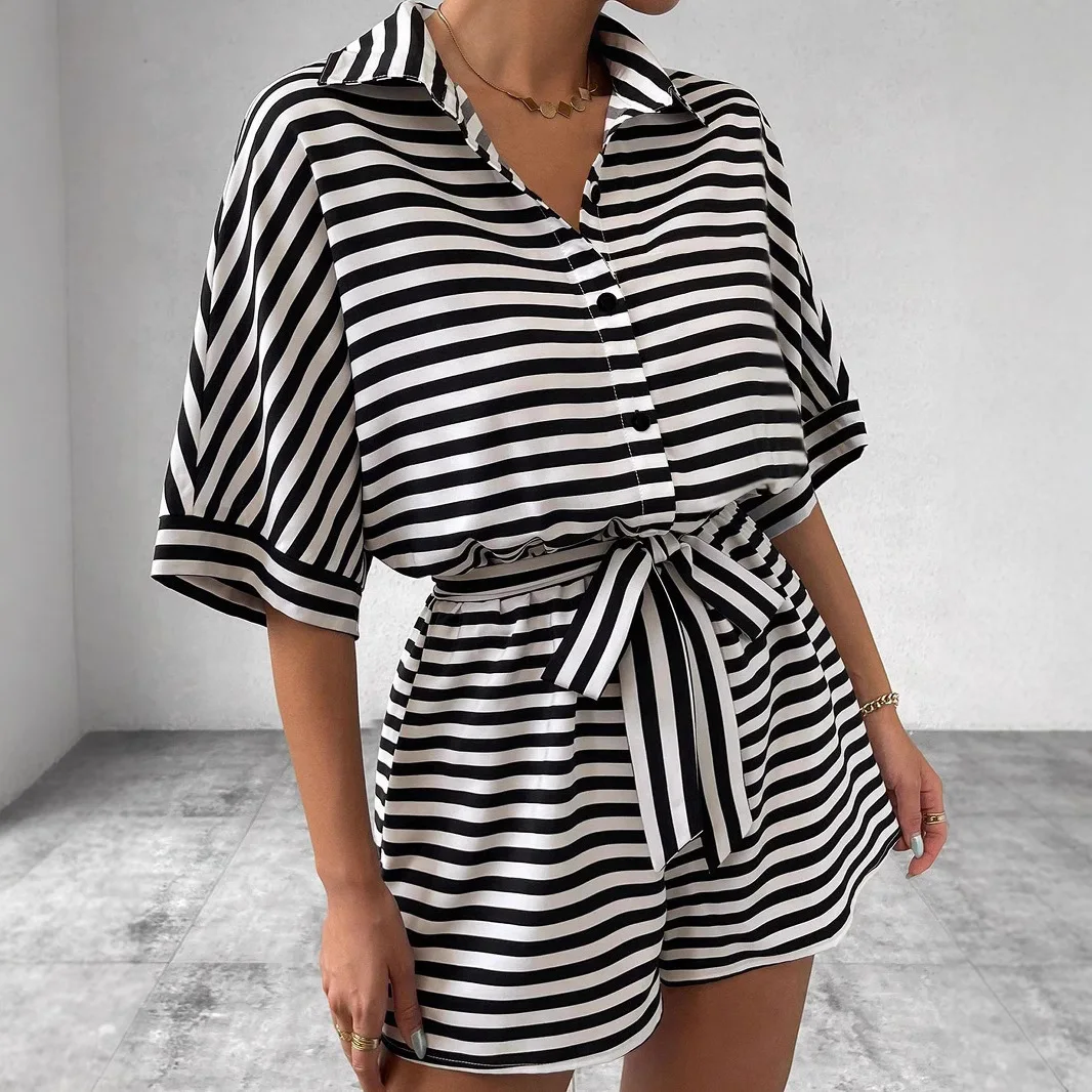 2025 nova moda impressa camisa de manga curta + shorts conjuntos de duas peças feminino verão casual solto listrado topo shorts conjunto para mulher