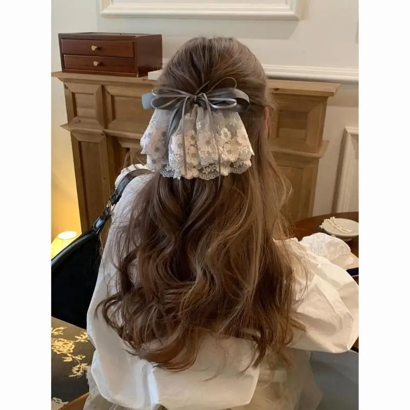 Spitzen-Schleifen-Haarspange für Damen, koreanische Vintage-Blumen-Haarspangen, Halb-Pferdeschwanz-Haarnadeln, süße Haar-Accessoires, Mädchen-Geschenk – Detail 2
