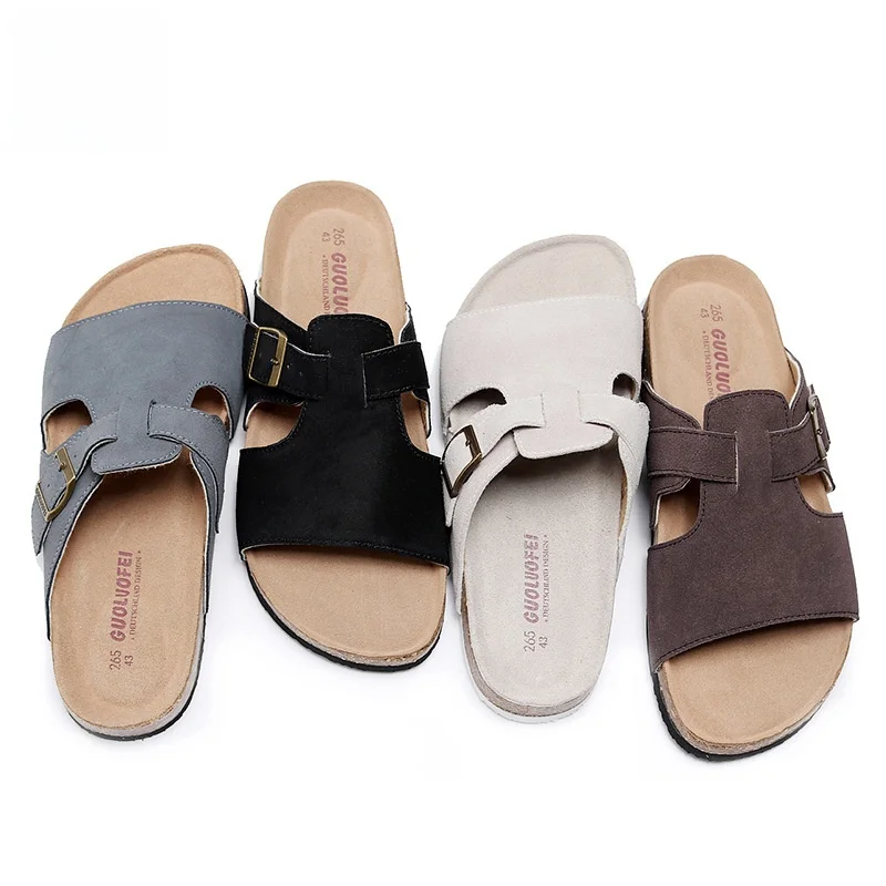 

Outdoor Cork Slippers for Women And Men Flat Sandals Slides Summer Season High Gloss Suede Shoe Upper EVA Sole