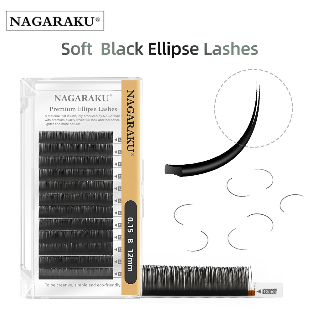 NAGARAKU Flat Ellipse Eyelash Split Tips Matte  Black Brown Color Super Soft Gentle Natural Eyelash Extension Flat Shape Lashes