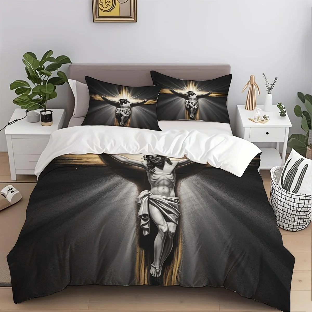 3pcs Jesus Cross Printed Bedding Set, Breathable And Soft for All Seasons, Durable And Tear-Resistant Polyester, High-Quality