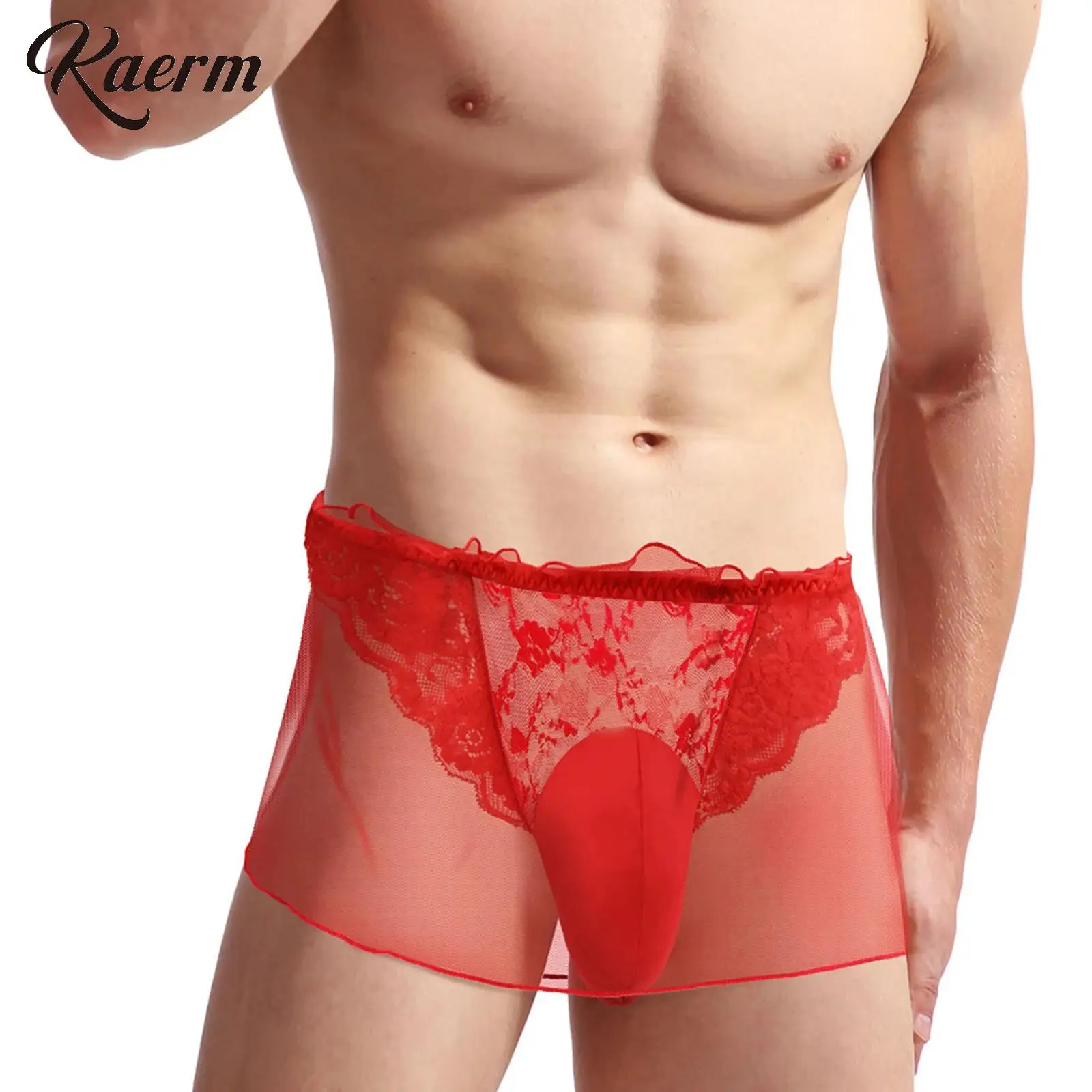 

Men Sexy Exotic See Throug Mesh Lace Double Layer Boxer Shorts Mini Skirt Lingerie Bulge Pouch Underwear Role Play Club Wear