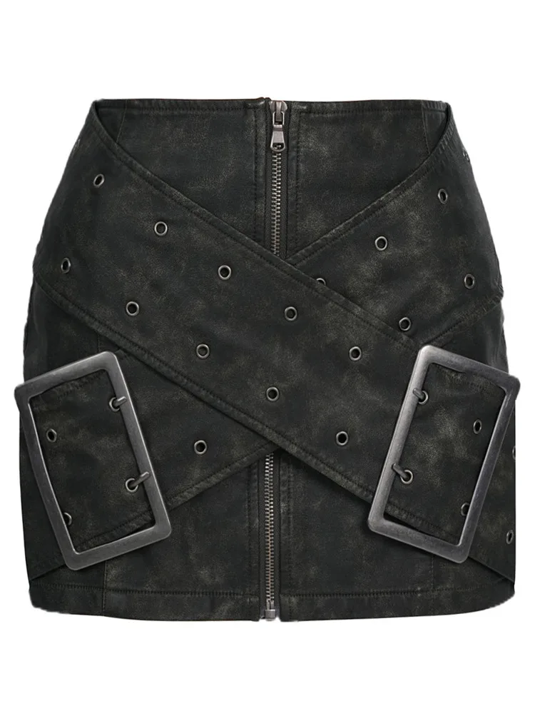 

ZOCI Women's Skirts Personality Large Metal Buckle Cross Vintage Wash Pu Leather Half Skirt Office Lady 2025 Spring New