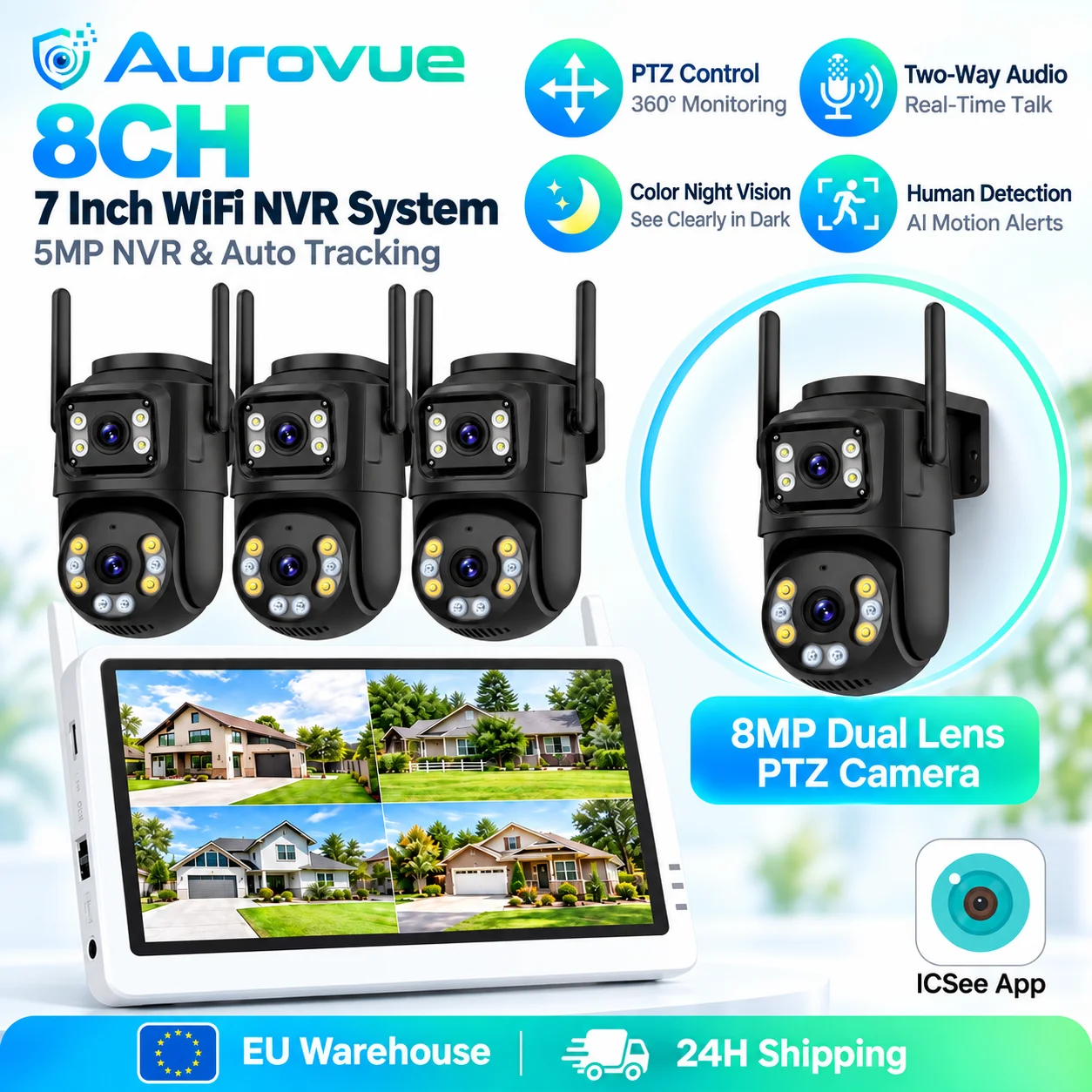 Image of 4K 8MP Dual-Lens PTZ WLAN-Sicherheitskamerasystem mit 7-Zoll-8CH-5MP-NVR, automatischer Verfolgung, Personenerkennung, Zwei-Wege-Audio, Farbnachtsicht, ICSee-App, kabelloses CCTV-Kit für die