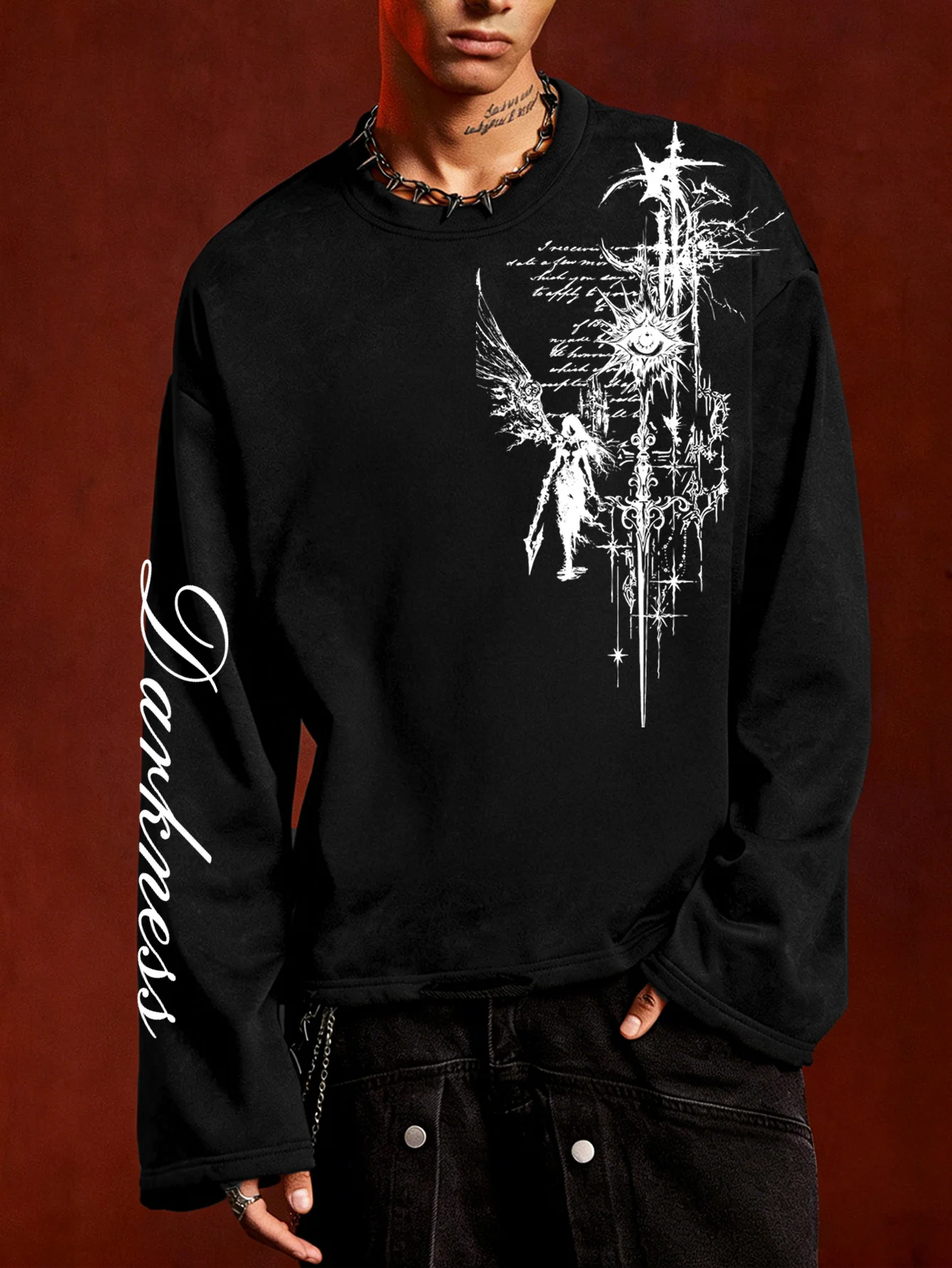Y2k Fallen Angel Full Sight Eye Cross Print Top Loose and Slim Versatile Base Shirt, Casual Sports Long Sleeve T-shirt Top