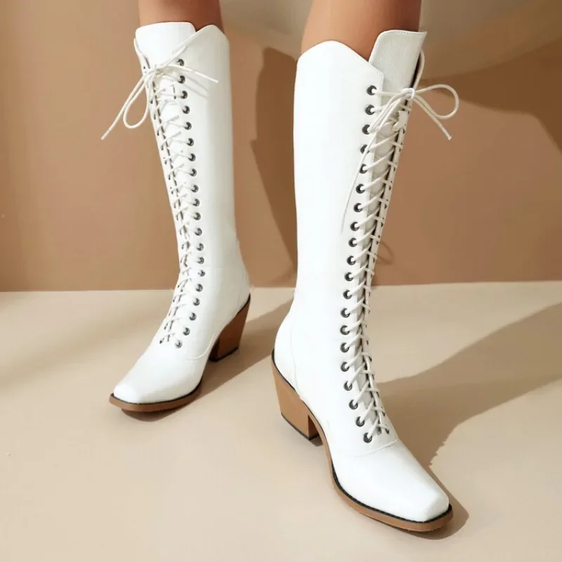 Black/White PU Chelsea Long Boots Slope Heel Pointed Frenulum Punk Knee Length Boots Rock Band Retro Winter Women's Shoes 35-40