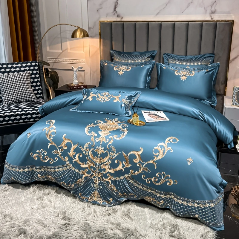 Blue Satin Cotton Bedding Set Luxury Royal Gold Embroidery Double Duvet Cover Fitted Bed Sheet Pillowcases Home Textile