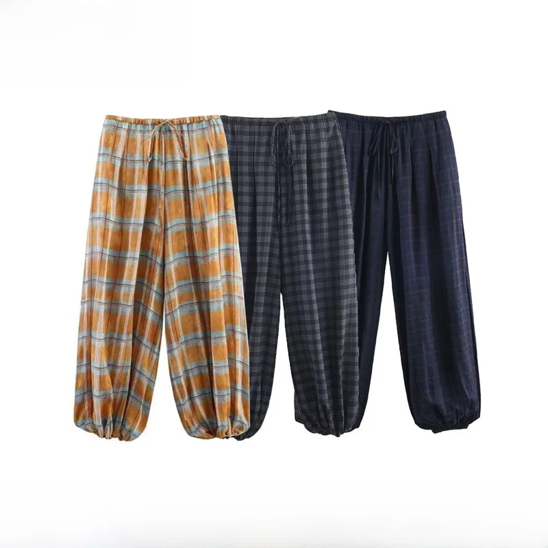 ファッショナブルなカジュアルチェック柄パフィーパンツ女性の秋冬新作ハイウエストポリエステル繊維肌に優しい通気性