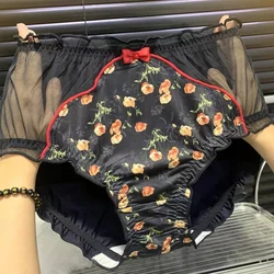 Plus Size Women's High Waisted Panties Floral Lace Bow Satin Underwear Sexy Triangle Briefs for Women