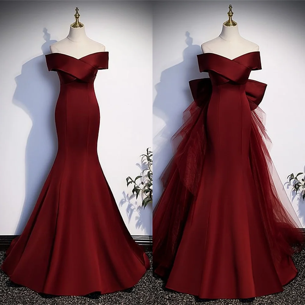 

customizedCustomized Mermaid Classic Burgundy Jersey Evening Dress Exquisite Off the Shoulder Sleeveless Homecoming Dresses Par