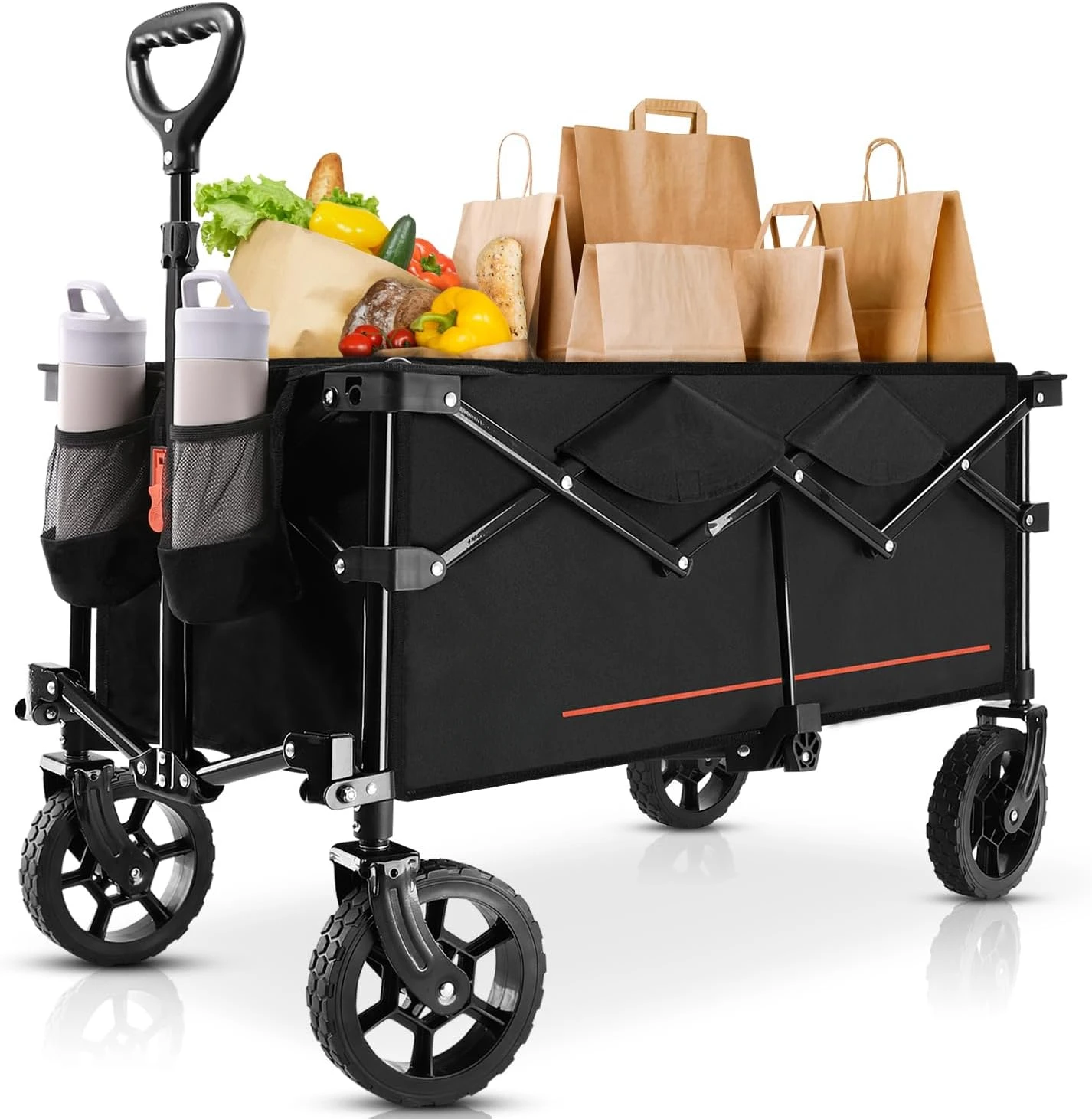 Collapsible Folding Wagon, Wagon Cart Heavy Duty Foldable with Two Drink Holders, Utility Grocery Wagon for Camping Shopping