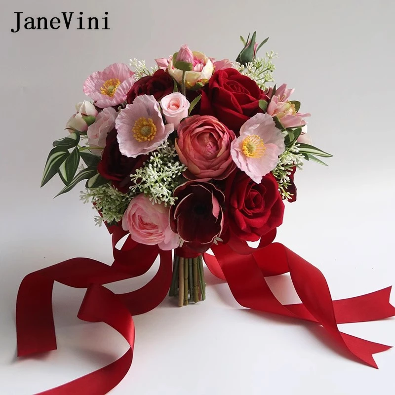 JaneVini Chinese Red Flowers Wedding Bouquets Bridal Artificial Roses Bride Holding Flowers Photography Accesorios Novia 2025