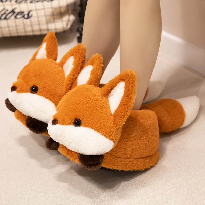 

New Plush Fox Slipper Women's Winter Original Idea Animal Slides Shoes Home Room Slipper Soft Woman Heel Wrap Snug Panda Slipper