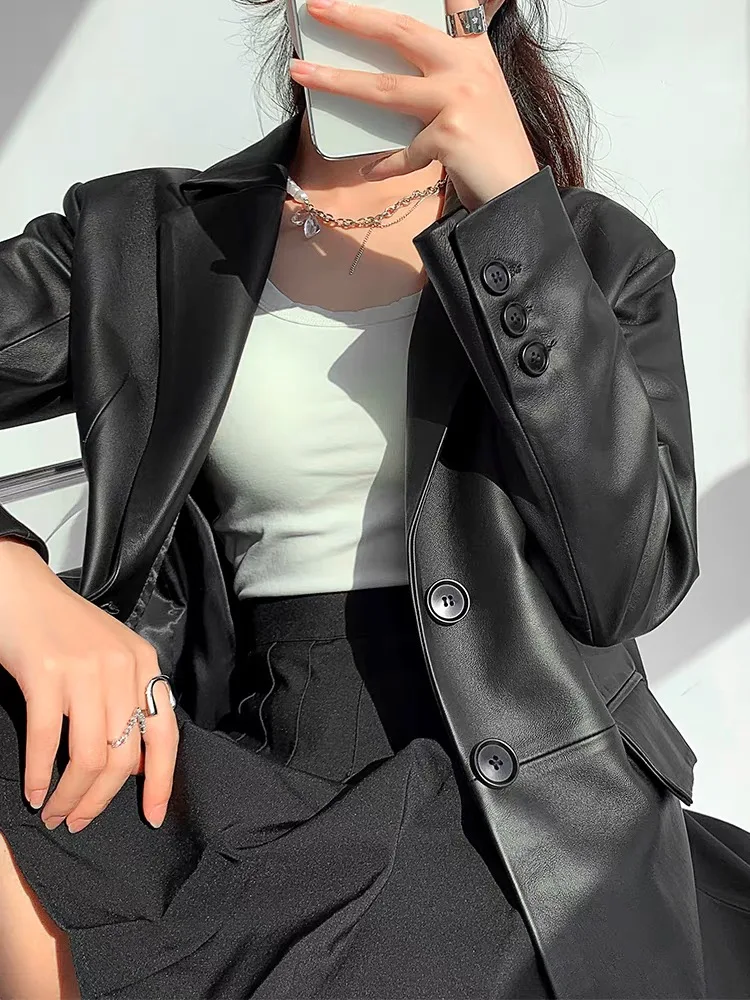 Lordly Giacca da abito in pelle di pecora di alta qualità per donna Giacca nera monopetto neutra oversize Dame Street