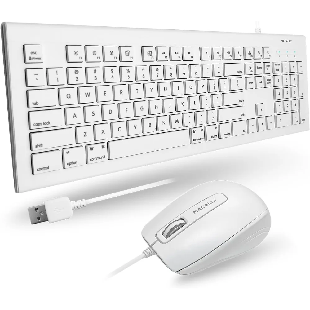 104 Key USB Wired Keyboard and Mouse Combo with Shortcut Keys for Mac and Windows PCs, White