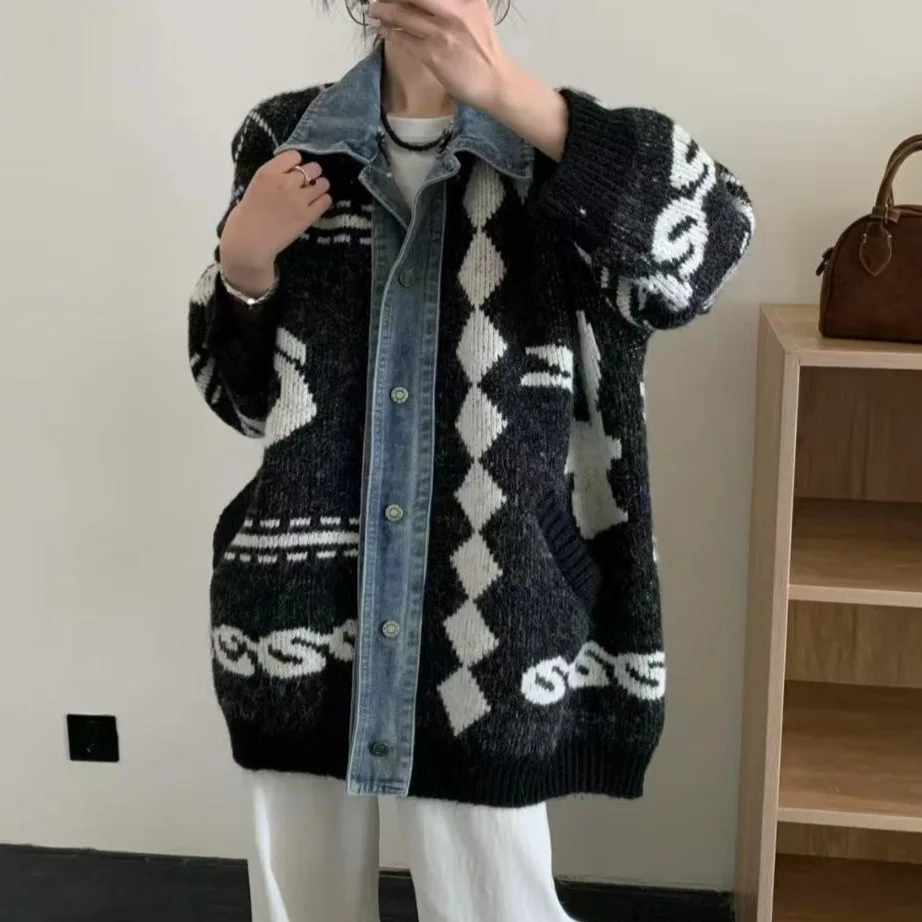 Dames gesplitst denim vest truien gebreide truien jacquard kraagvorm lange mouwen losse Y2k casual 2025, herfst winter