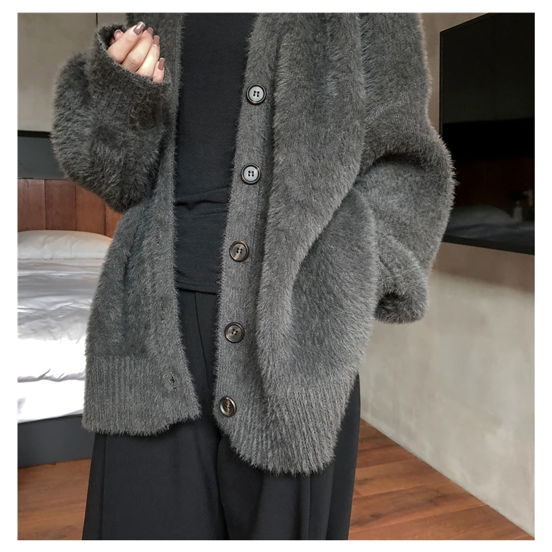 Autumn and winter mink velvet lazy wind new loose plus size thermal knit cardigan sweater jacket female thickened