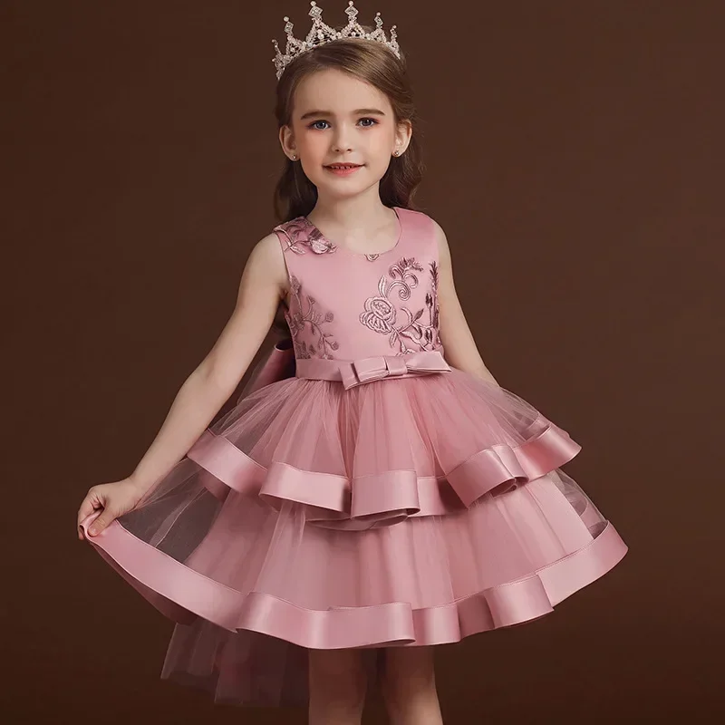 Children's Dress 2024 New European and American Fashionable Mesh Fluffy Skirt for Girls Hosting Piano Performance Summer Princes