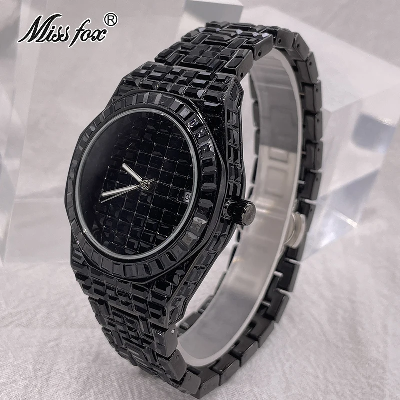 Hip Hop Brand MISSFOX Luxury Wristwatch Baguette Diamond Black Watch For MenS Stainless Steel Automatic Date Quartz Clocks Male