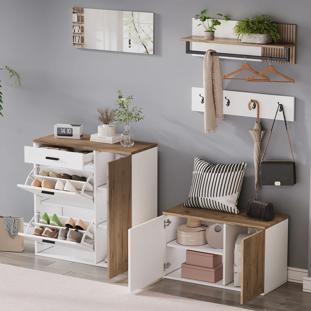 PINGGO 5-teiliges Eingangsbereich-Schuhregal-Set mit Schuhbank, Spiegel, Hängetasche und 4 Haken für Flur und Wohnzimmer – Detail 3