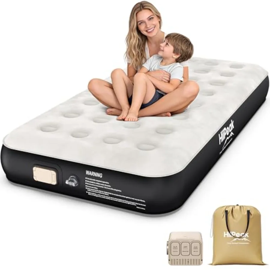 Portable air bed for camping guests home and garden with luxury twin size 10'' height soft suede topper and built-in wireless r