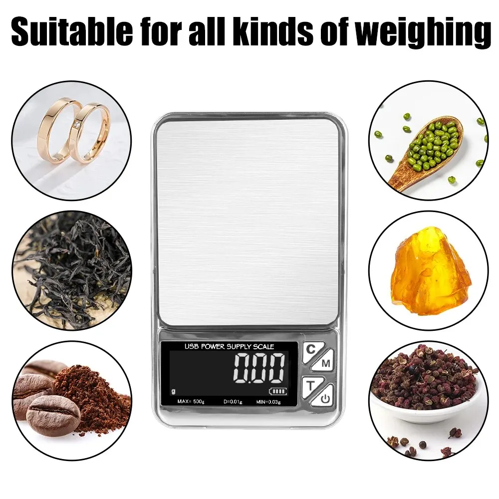 High Precision Electronic Scale 500g/100g Digital LCD Count USB Charging Stainless Pocket Kitchen Scales