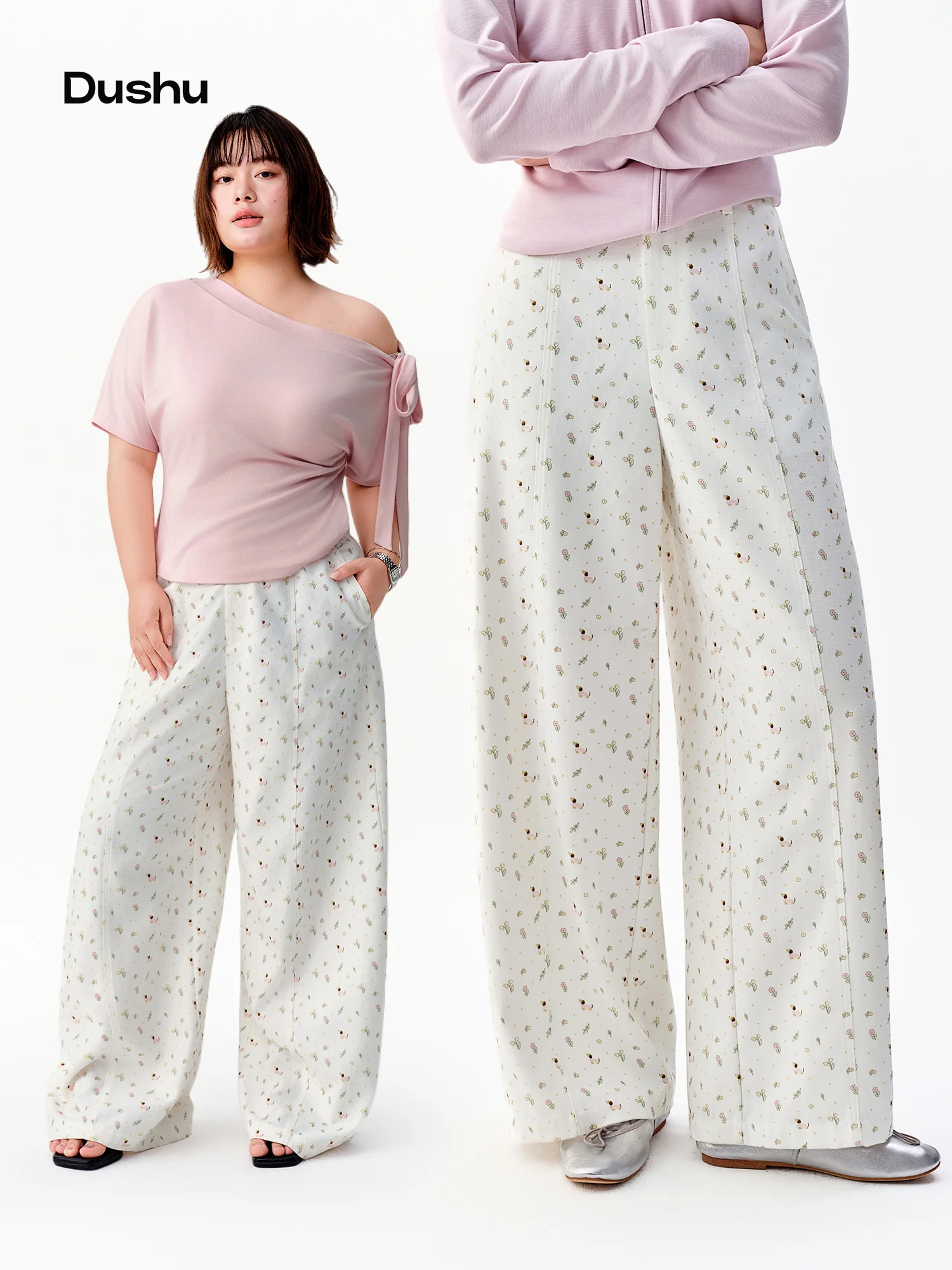 DUSHU Cotton Blend Loose Straight Leg Casual Pants Korean Style High-waisted Pants Women Autumn Pink Floral Sweet Breathable
