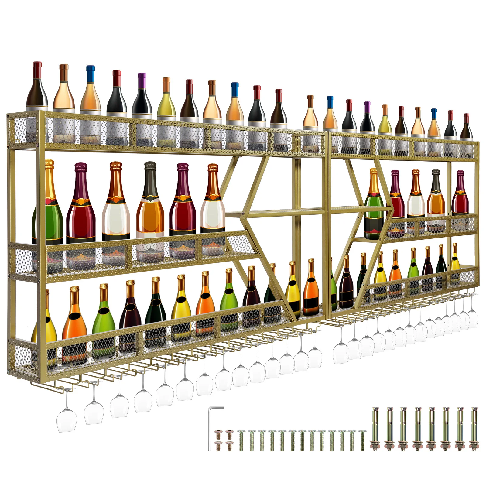 

Metal Wine Bottles Storage Display Storage Shelf with Wine Glass Holder Hanging Bar Liquor Storage Rack for Home & Living Room