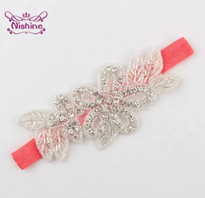 1PCS Baby Girls Crystal Flower Leaf Christening Bridal Elastic Headband Rhinestone Hair Band Kids Party Photography Props