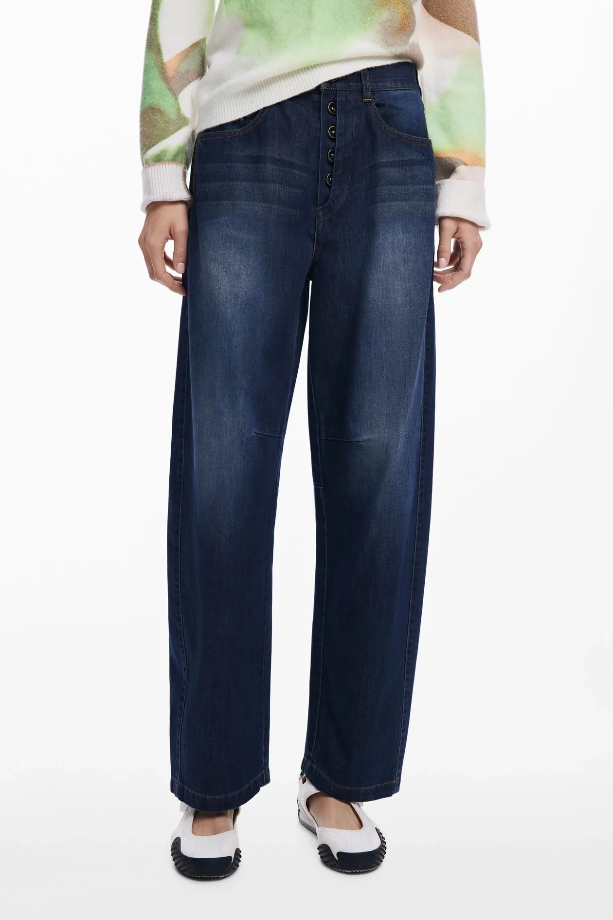 European and American original single sand washed old elastic casual jeans with loose print design, new style