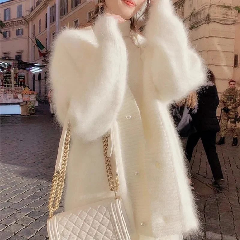 Outono Inverno Single-breasted Imitação Mink Veludo Malhas Cardigan Elegante Pérola Botões Mulheres Vestuário Camisola Coreana Casacos