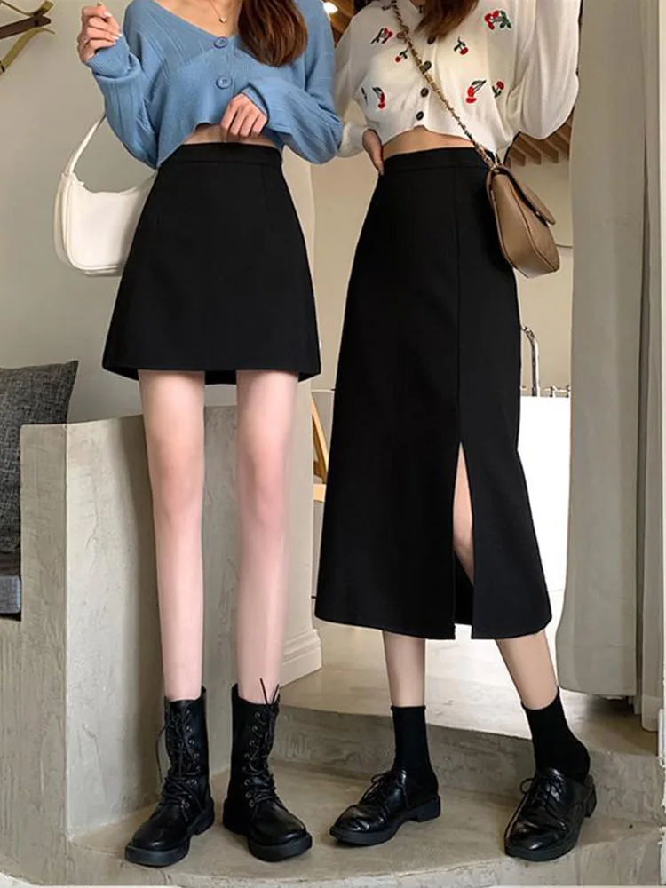 Black Skirts Women Mid-calf College A-line High Waist Korean Style OL All-match Friends Plus Size Streetwear Chic Female Bottom