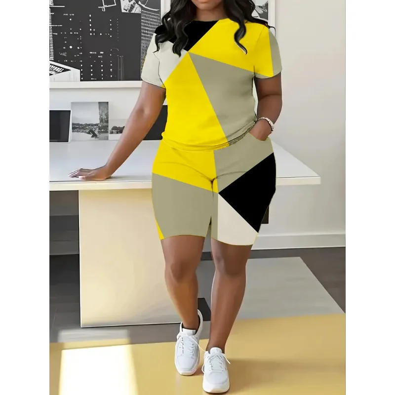 Gorący sprzedawanie Plus rozmiar drukowane Casual Office Lady krótkie spodnie damskie T-shirt geometryczne wzory dwuczęściowe stroje oversize