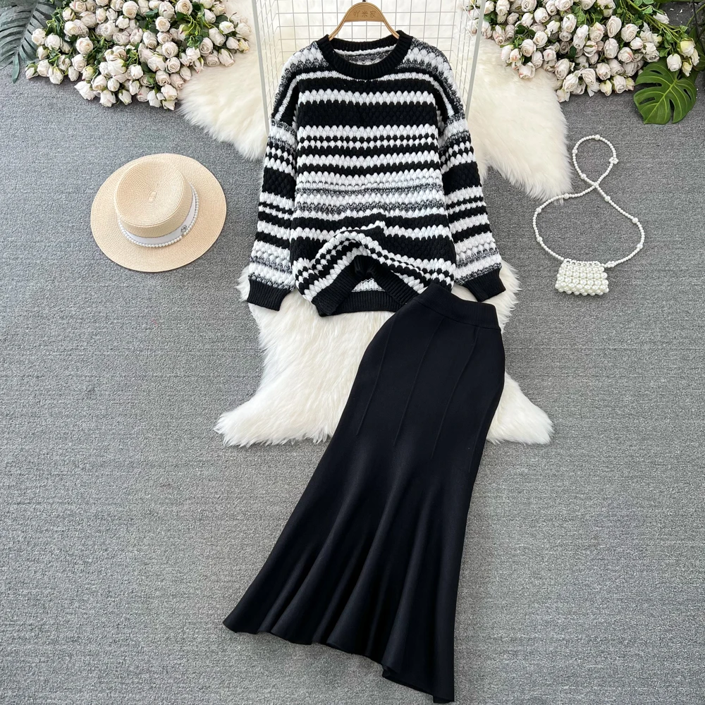 

Elegant Contrast Striped Sweaters for Women Soft Warm Long Sleeve Knitting Pulls+Solid High Waist Mermid Skirt Two Pieces Suits