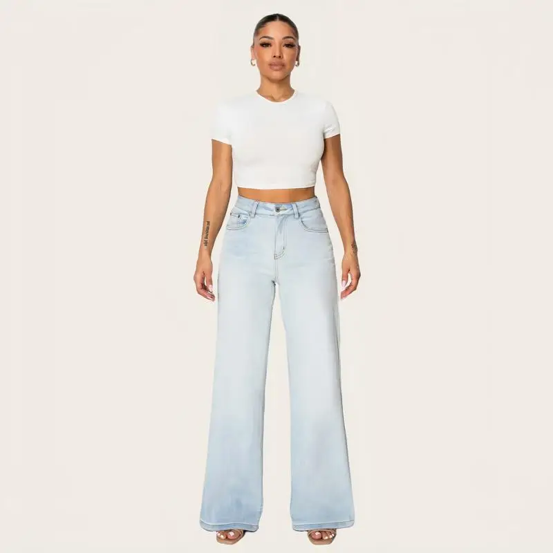 Women High Rise Stretch Wide Leg Jeans-Light Happy New Year | Fashion Casual Denim Pant SH25F13