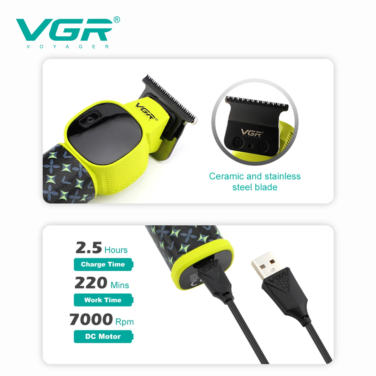 VGR新型バリカン LEDインテリジェントデジタルUSBヘアトリマー セラミックステンレス鋼刃 プロ仕様電動バリカン V-185