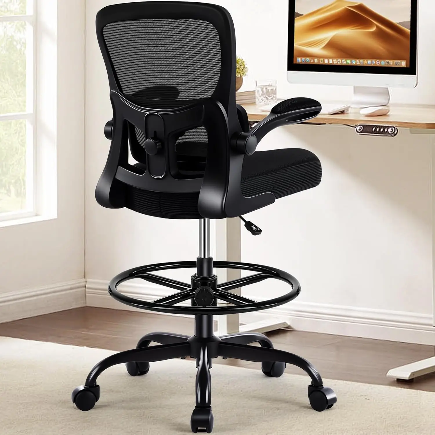 

Ergonomic Tall Drafting Office Chair Adjustable Footrest Ring Lumbar Support Flip Up Armrests Rolling Counter Height Standing De