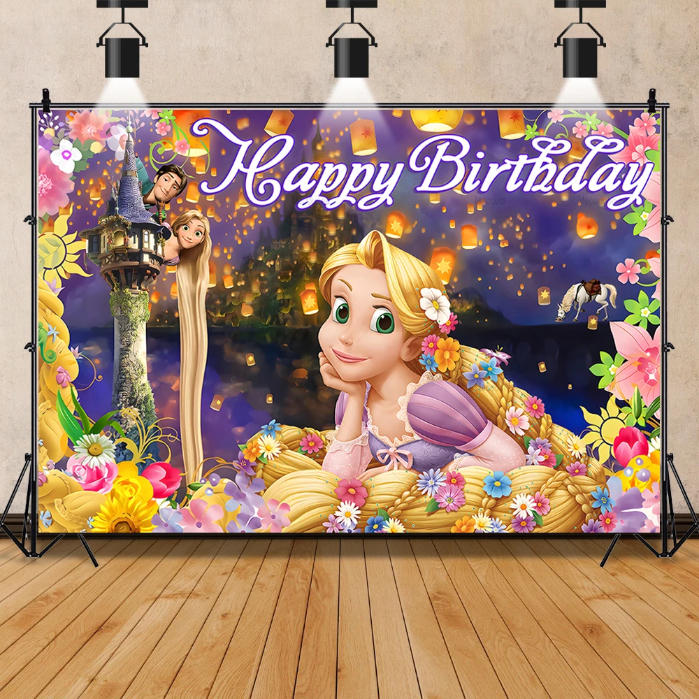 Disney Long Hair Princess Rapunzel Cartoon Girls Birthday Party Banner Backdrop Custom Childs Room Photo Poster Decor Background