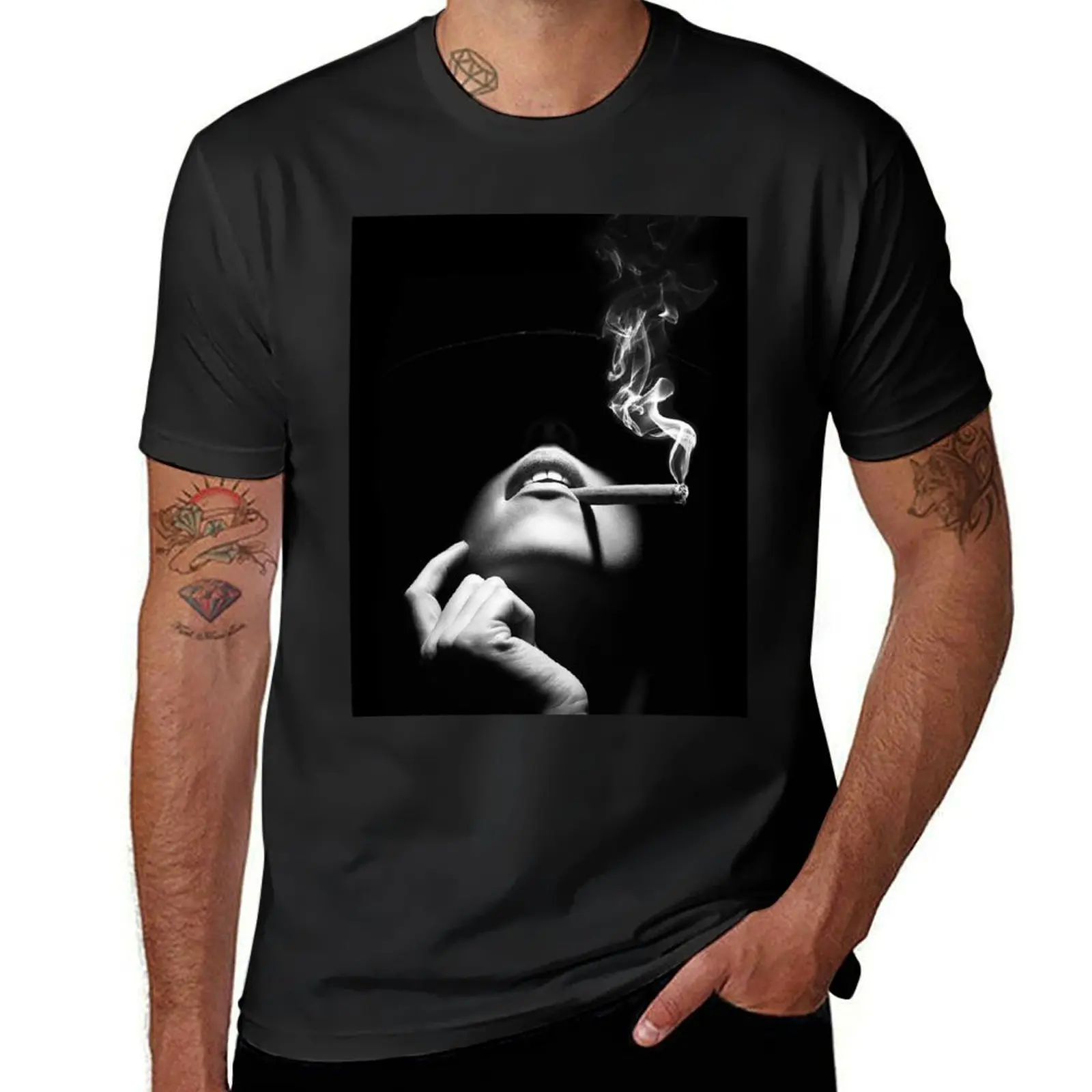 Girl Smoking a Cigar, black and white T-Shirt vintage customizeds oversized plus sizes clothes for men