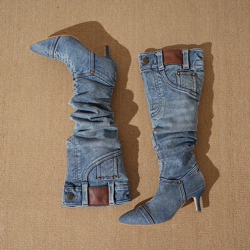 Stivali alti in denim tinta unita firmati di marca di nuova moda invernale da donna 2024 abiti da festa per tutti i giorni stivali western da donna