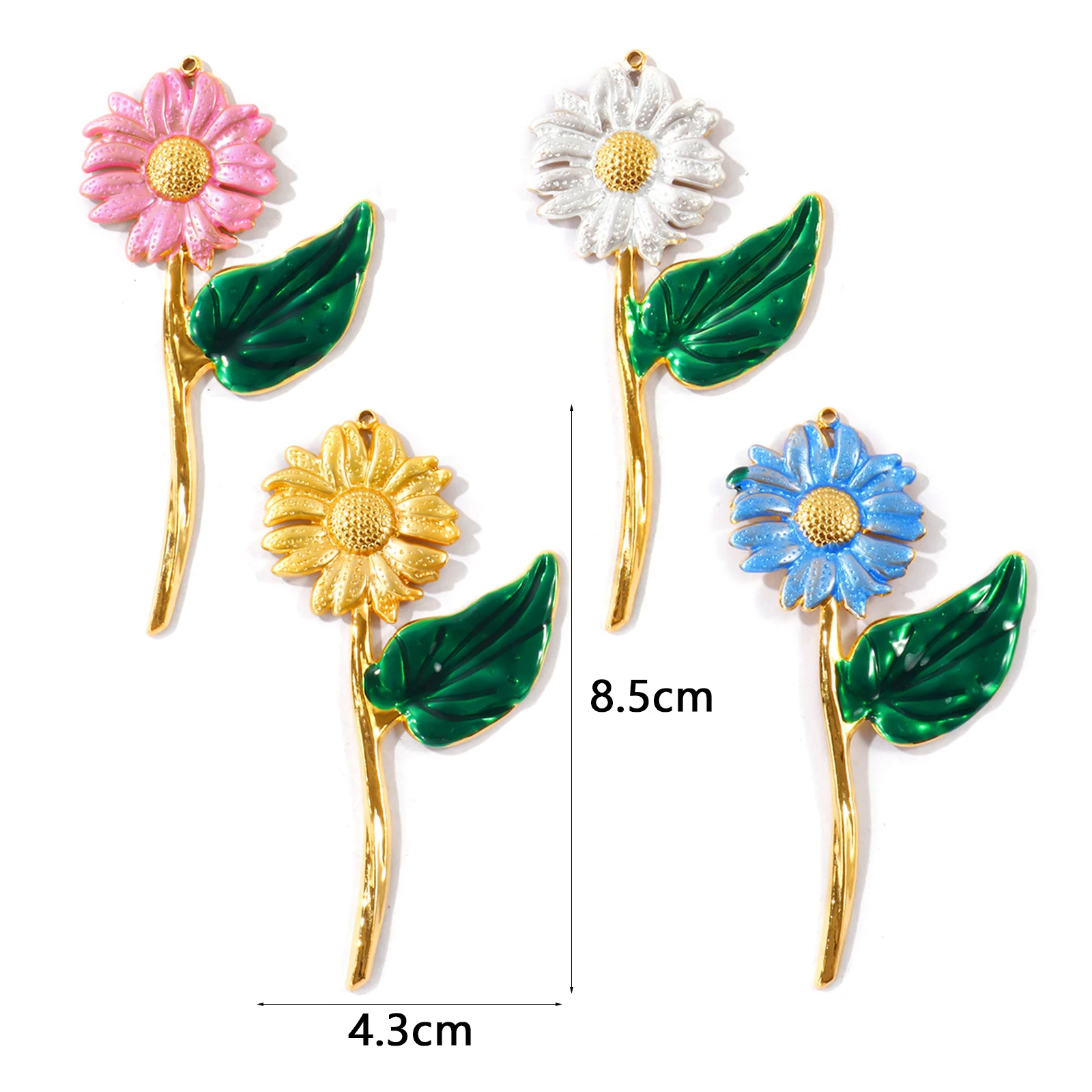 1PC Multicolor Enamel Daisy Flower Stem Charms 18K Gold Plated Stainless Steel Pendant Green Leaf DIY Necklace Jewelry Making