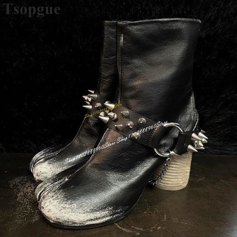 Botines Tabi con correa de cadena de Metal negro Para Mujer, Zapatos de tacón alto grueso con punta abierta, Zapatos de moda Para Mujer 2024