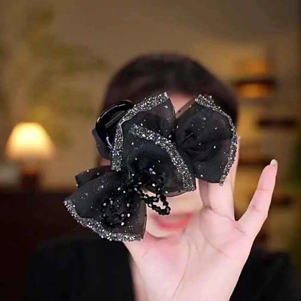 

Beads Black Bow Shark Clip Elegant Cloth Shiny Rhinestone Hair Claw Polyester French Style Women Sequin Hairgrips Daily