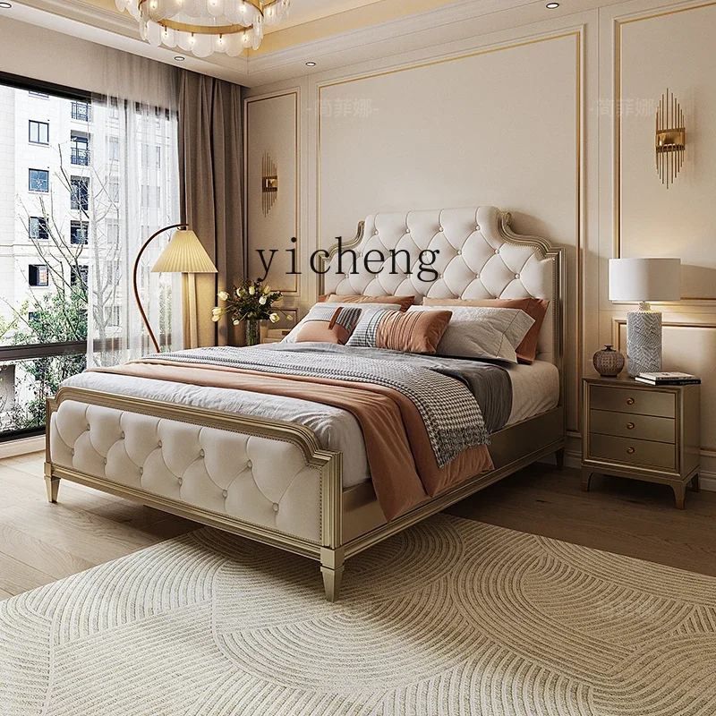 ZC American light luxury bed all solid wood cream wind top layer leather bed double master bed